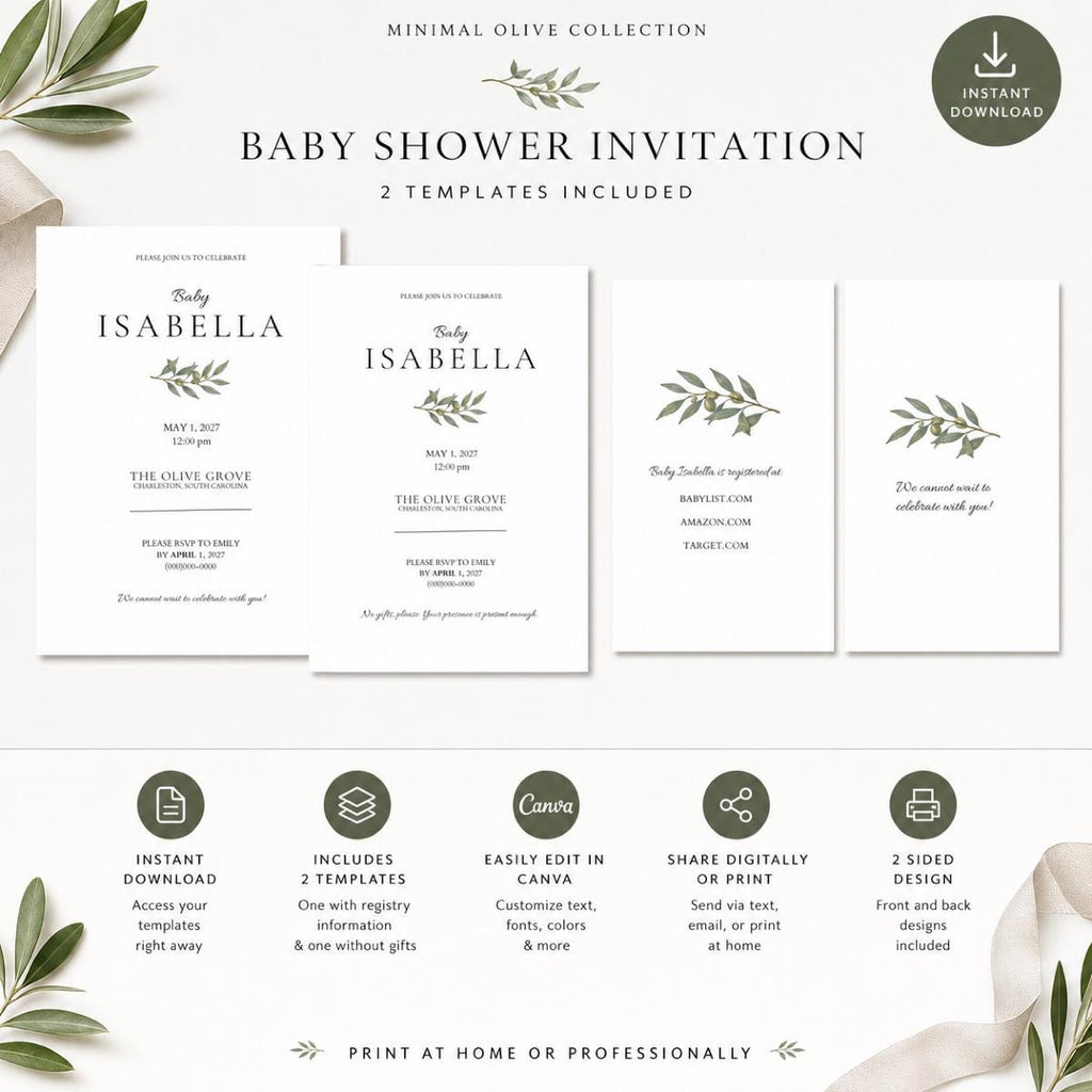 Minimal Baby Shower Invitation | Editable Canva Baby Shower Invite | Editorial Baby Shower Template | 5x7 Double-Sided | Registry & No Gifts