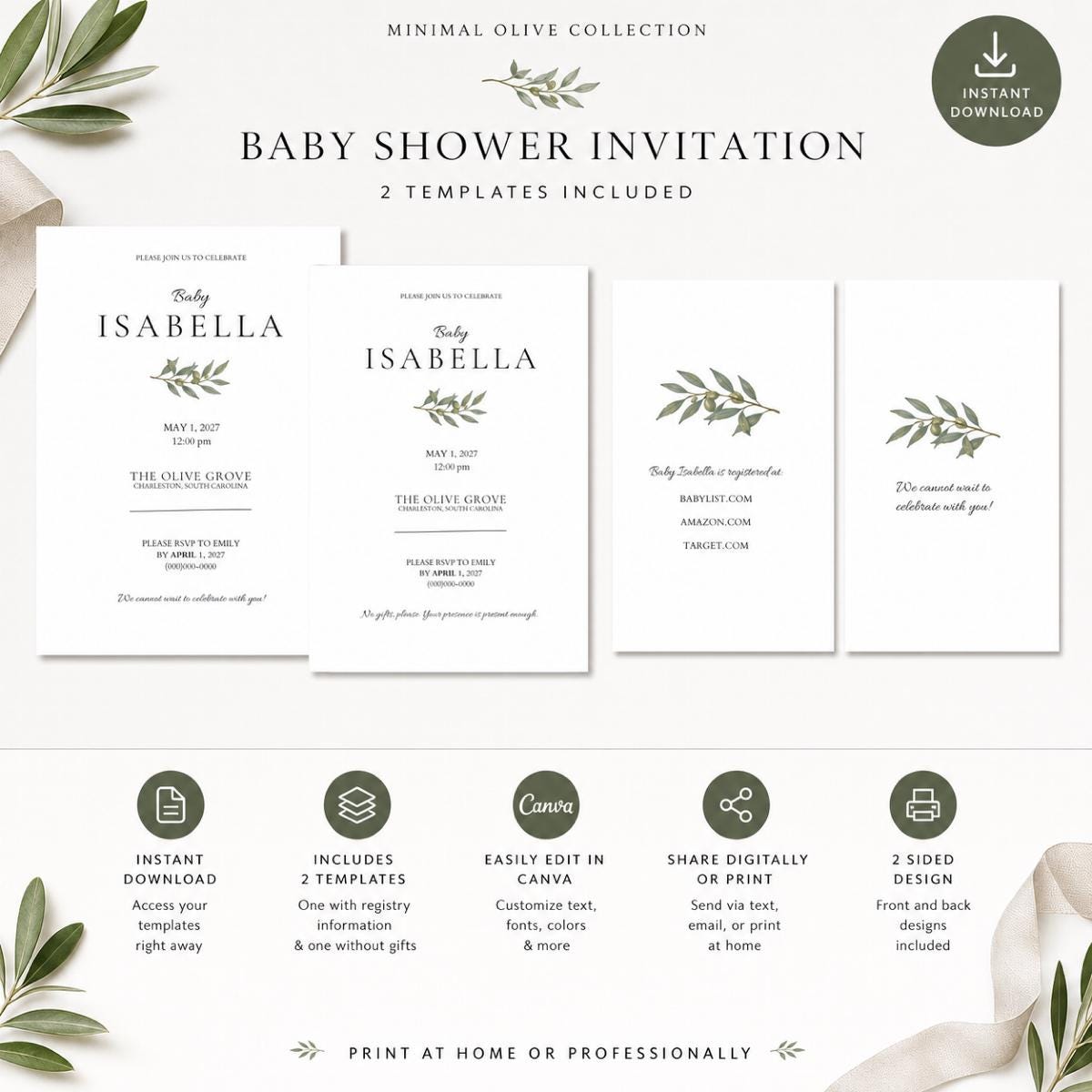 Minimal Baby Shower Invitation | Editable Canva Baby Shower Invite | Editorial Baby Shower Template | 5x7 Double-Sided | Registry & No Gifts