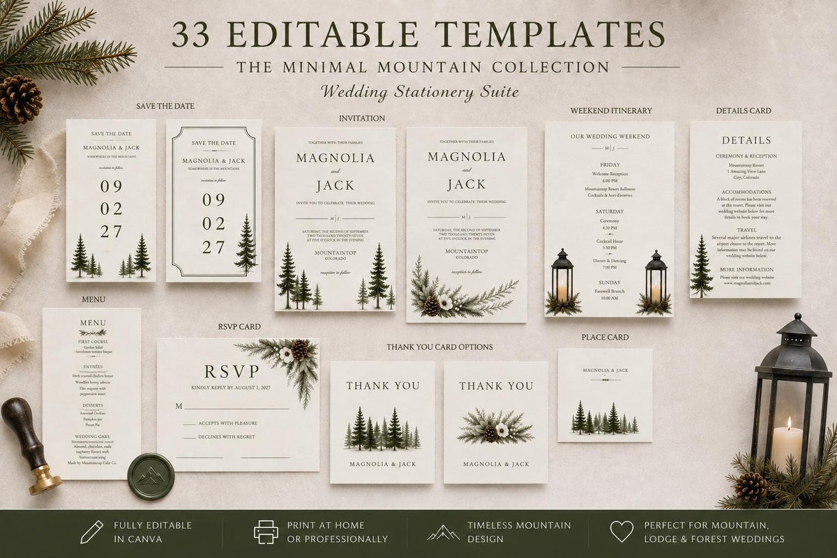 Mountain Wedding Invitation Suite, 33 Editable Canva Templates, Minimal Wedding Bundle, Save the Date, RSVP, Details Card, and More