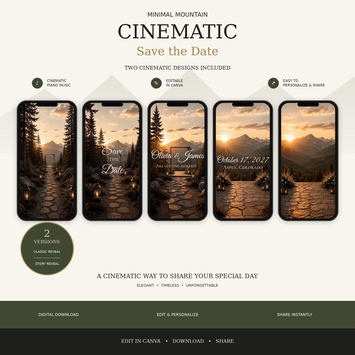 Listing overview showing five vertical phone mockups displaying different frames from a cinematic mountain wedding video template.