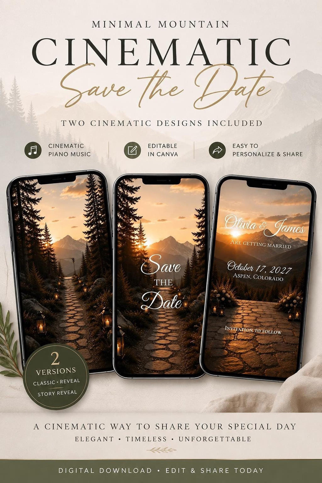 Listing preview image showcasing three vertical smartphone mockups displaying a mountain save the date video template with text overlay.