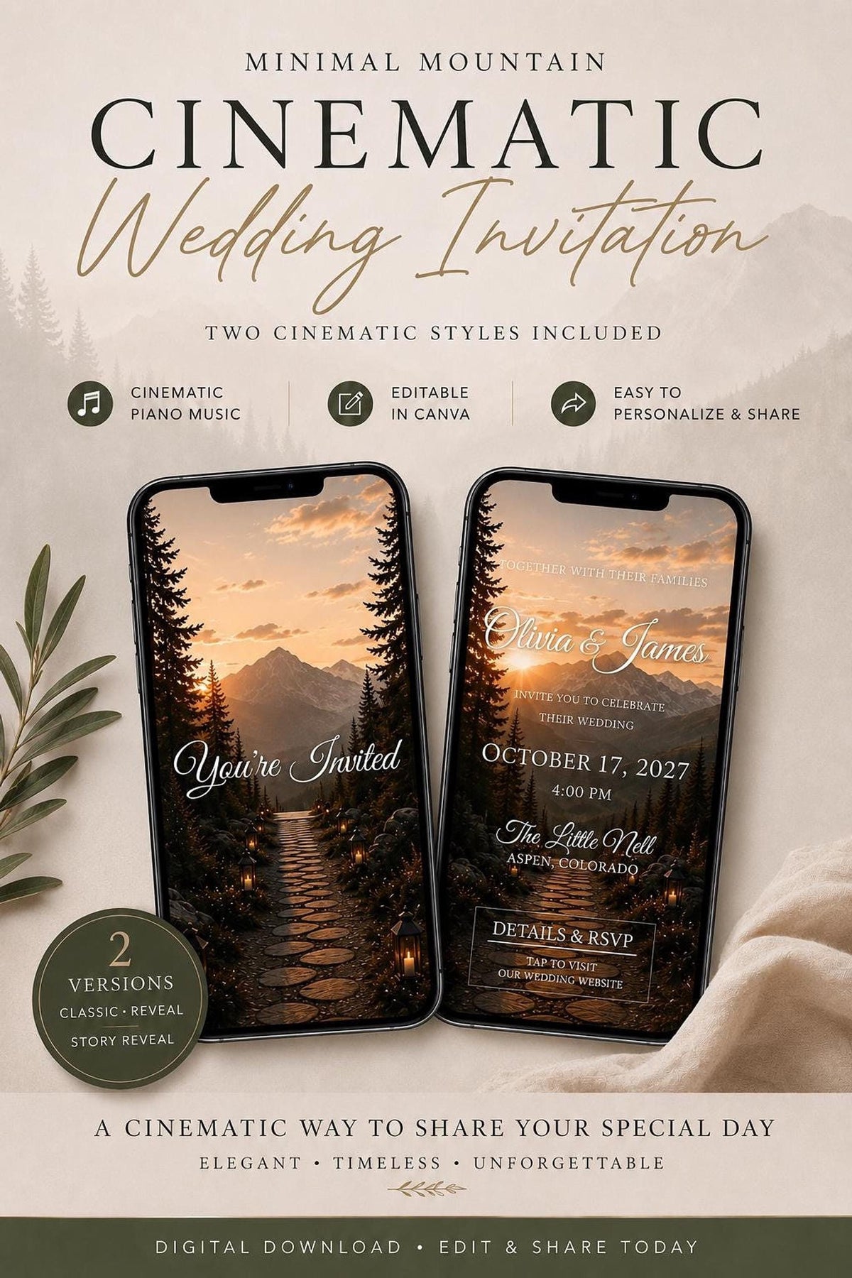 An advertisement graphic showing two phone screens displaying animated mountain wedding invite scenes.