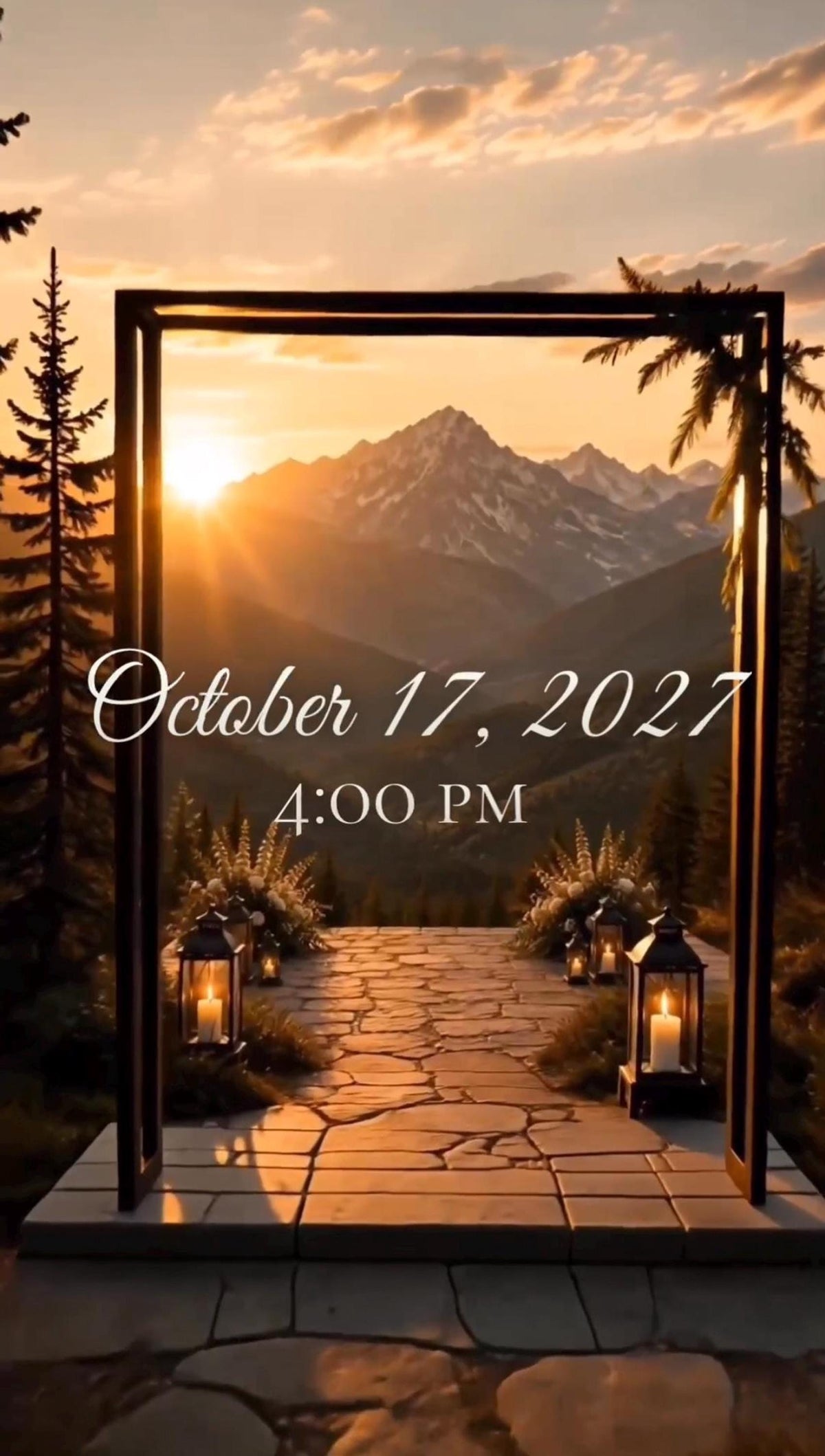 A stone altar area framed by black pillars with lit lanterns and mountains at sunset, displaying the date October 17 2027.