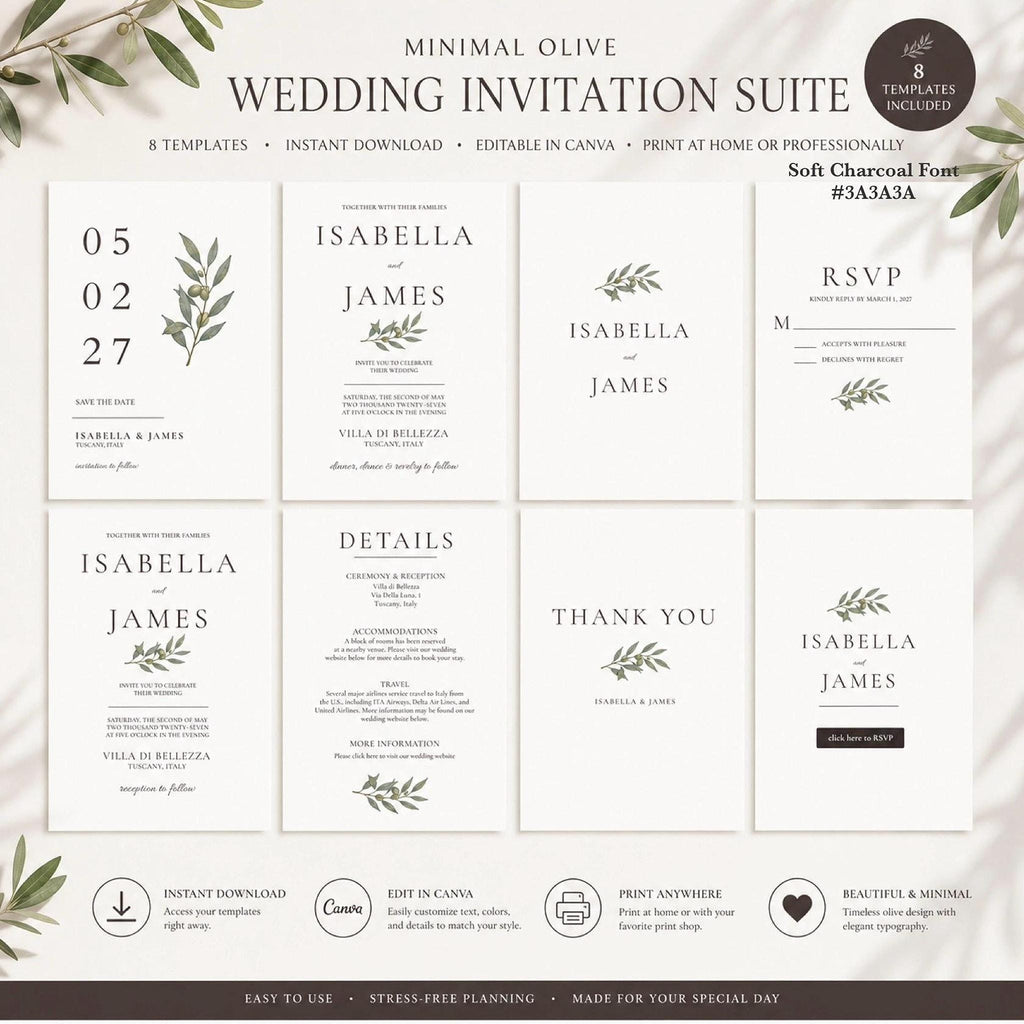 Minimal Olive Wedding Invitation Suite, Editable Canva Templates with RSVP and Details