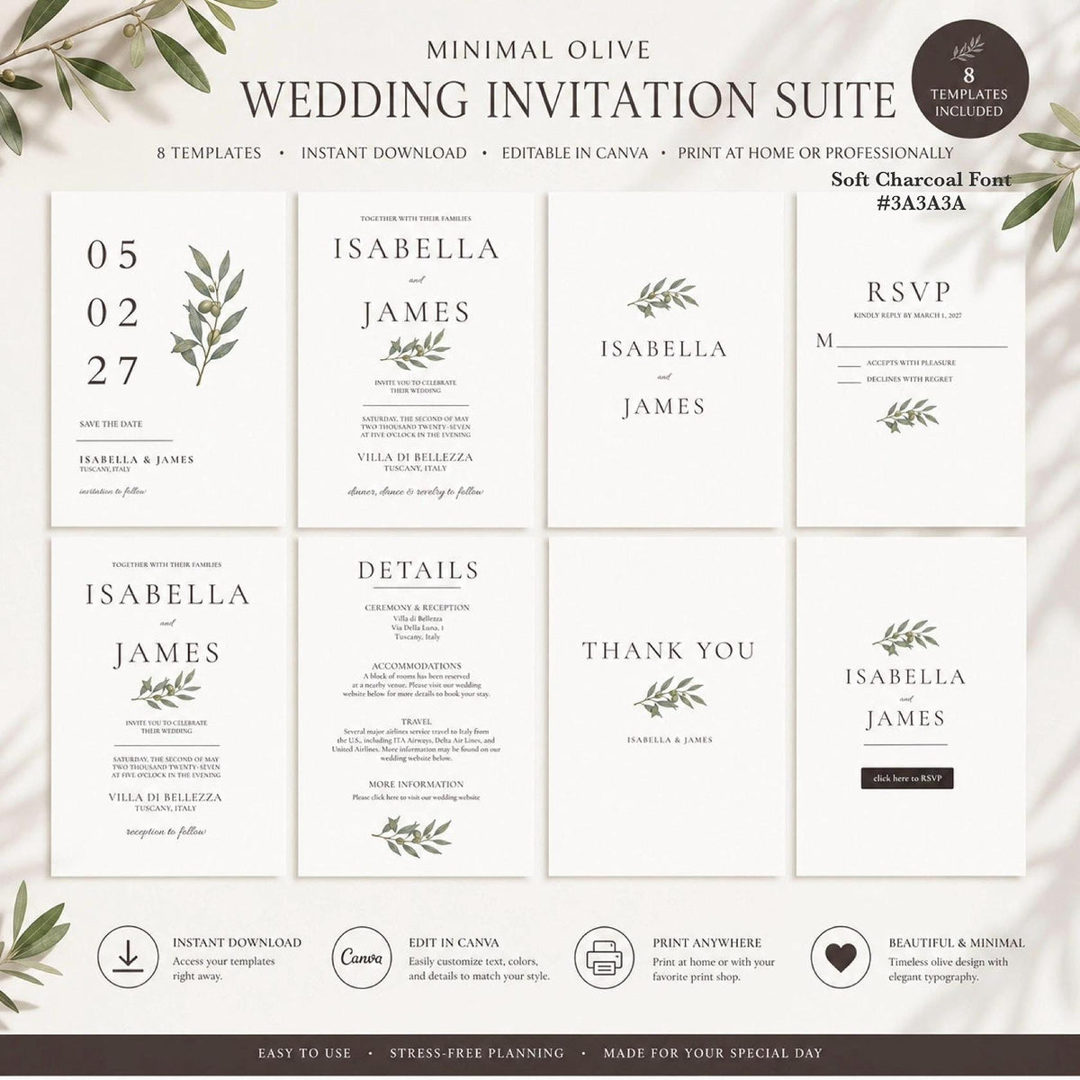 Minimal Olive Wedding Invitation Suite, Editable Canva Templates with RSVP and Details