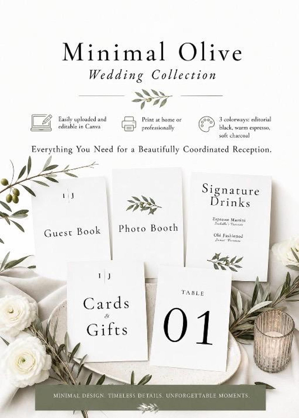 A flat lay of five white wedding signs with olive branch accents, including "Guest Book," "Photo Booth," "Cards & Gifts," "Signature Drinks," and "Table 01," surrounded by white roses and a candle.