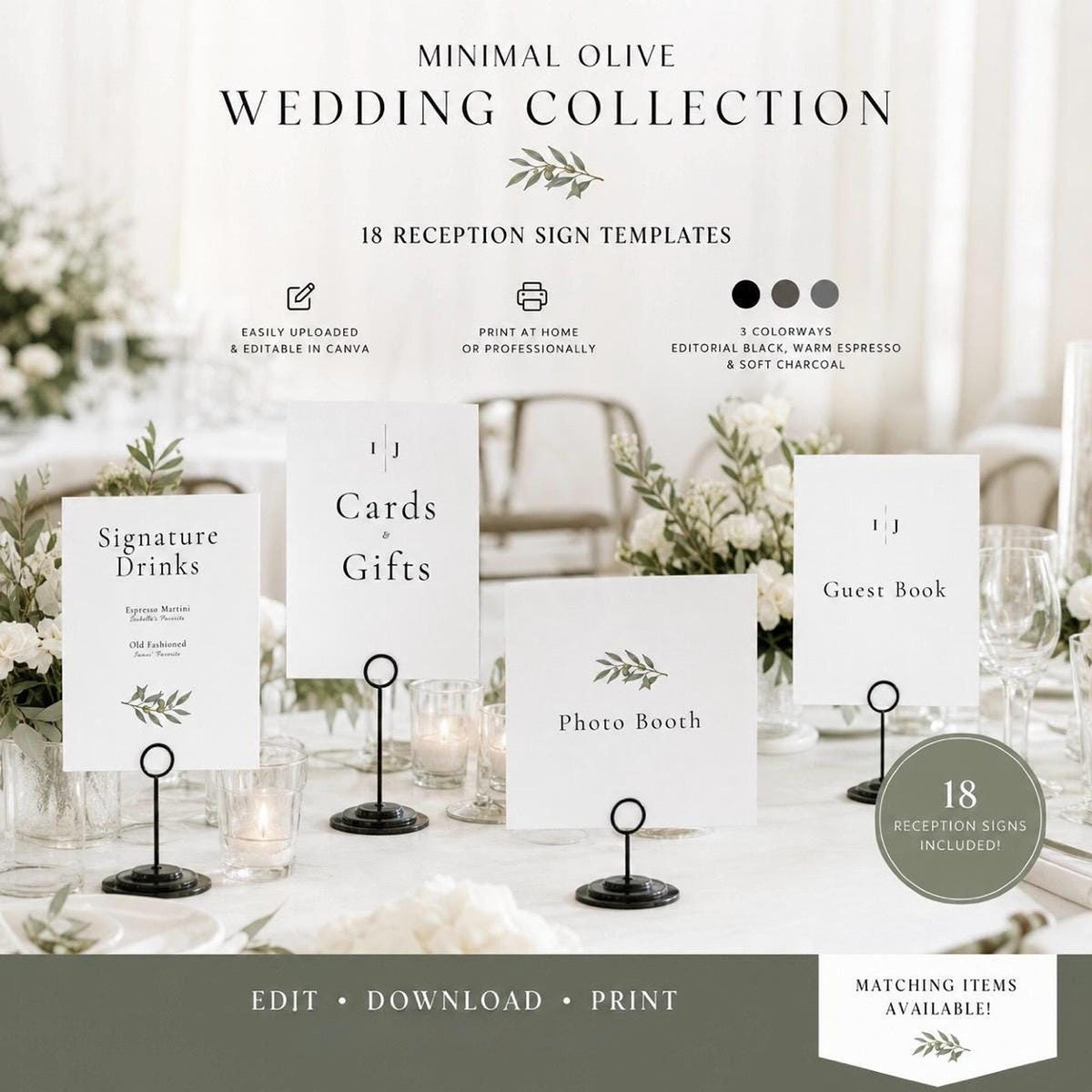 Eight white wedding signs with olive branch accents are displayed on a white table, including "Signature Drinks," "Cards & Gifts," "Photo Booth," and "Guest Book."