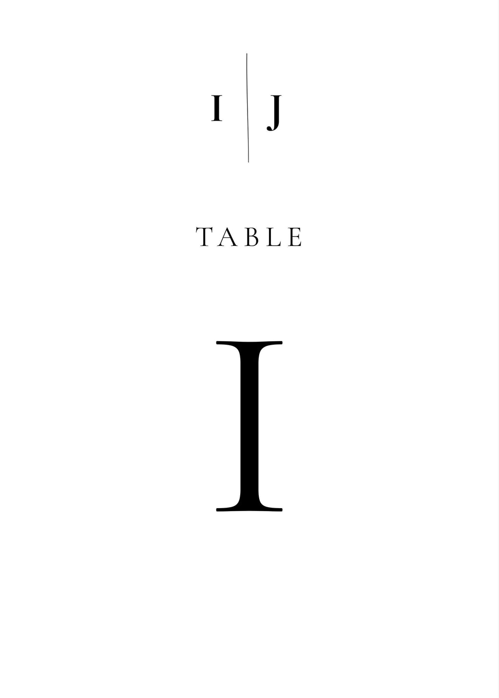 A white sign with "I J" at the top, "TABLE" centered, and a large black Roman numeral "I" below.