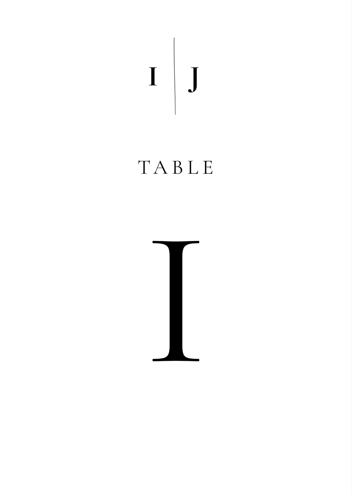 A white sign with "I J" at the top, "TABLE" centered, and a large black Roman numeral "I" below.