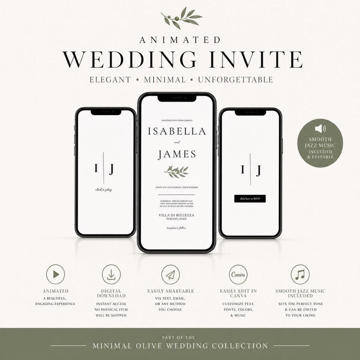 Three smartphones show various screens of a wedding invitation template, with text "ANIMATED WEDDING INVITE" and "MINIMAL OLIVE WEDDING COLLECTION" above and below.