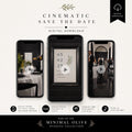 Three black smartphones display wedding-themed videos and a save-the-date card with a green olive branch, against a white background with text.