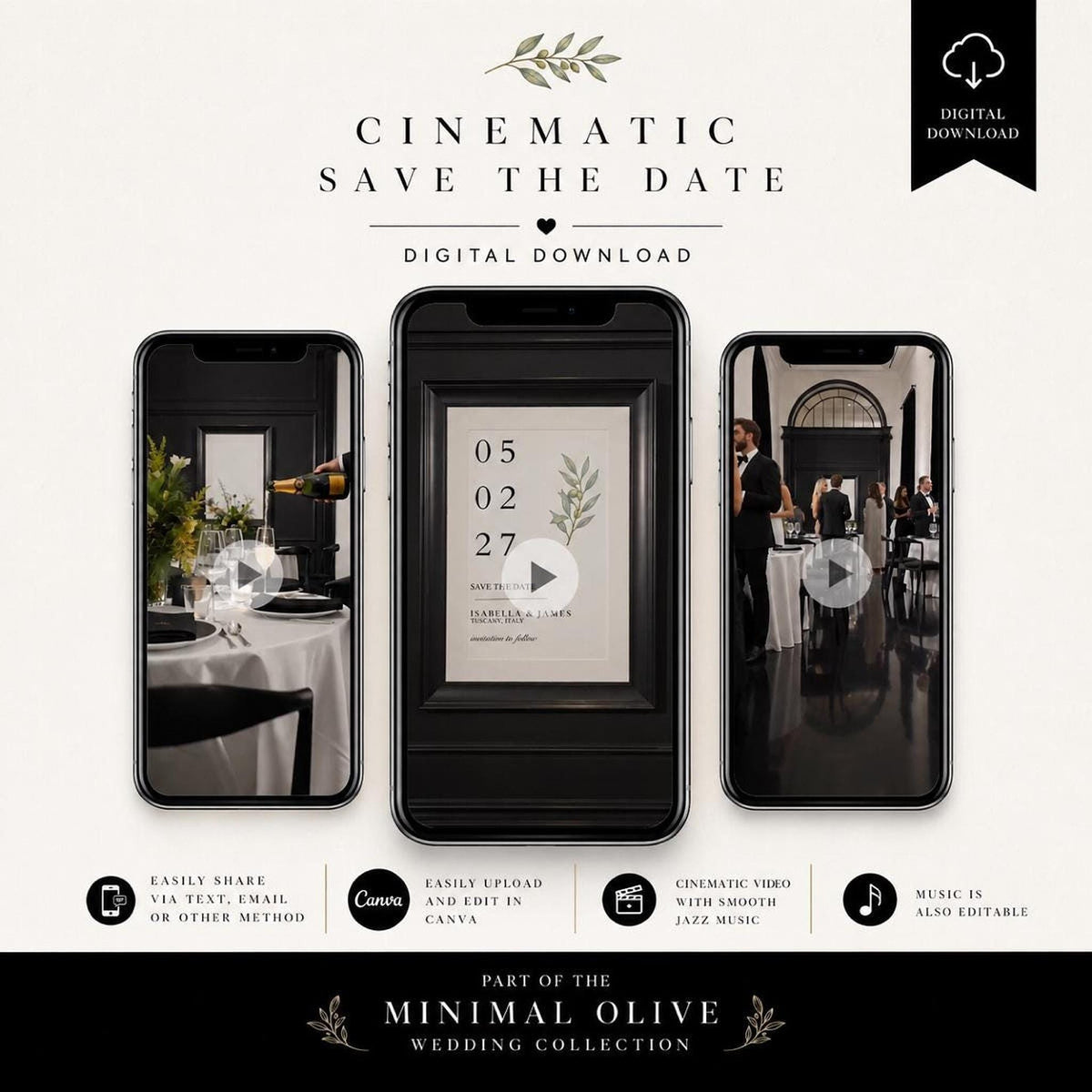 Three black smartphones display wedding-themed videos and a save-the-date card with a green olive branch, against a white background with text.