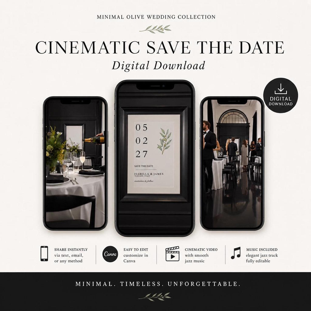 Three black smartphones display wedding-themed videos and a save-the-date card with a green olive branch, against a white background with text.