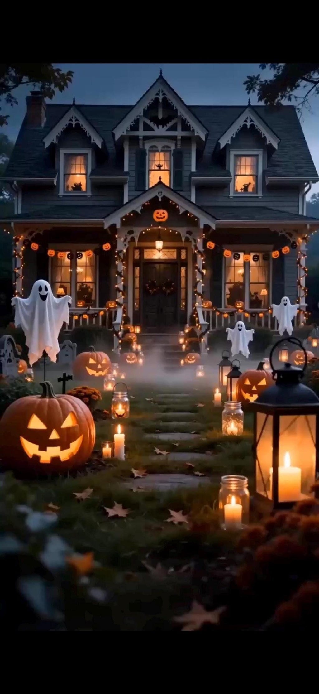 A dark, spooky house with glowing jack-o'-lanterns, string lights, and white ghosts on the lawn, with a black lantern and candles in the foreground.
