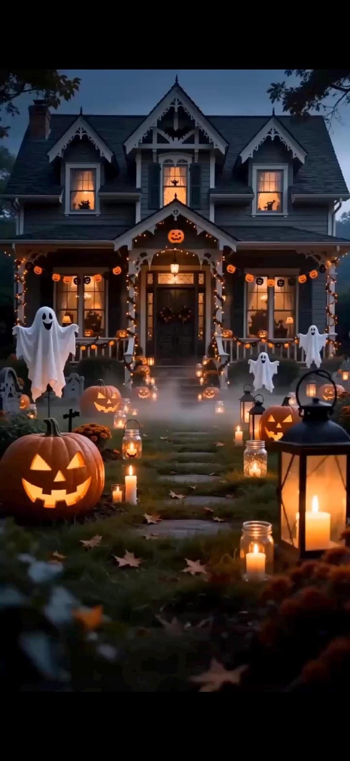 A dark, spooky house with glowing jack-o'-lanterns, string lights, and white ghosts on the lawn, with a black lantern and candles in the foreground.