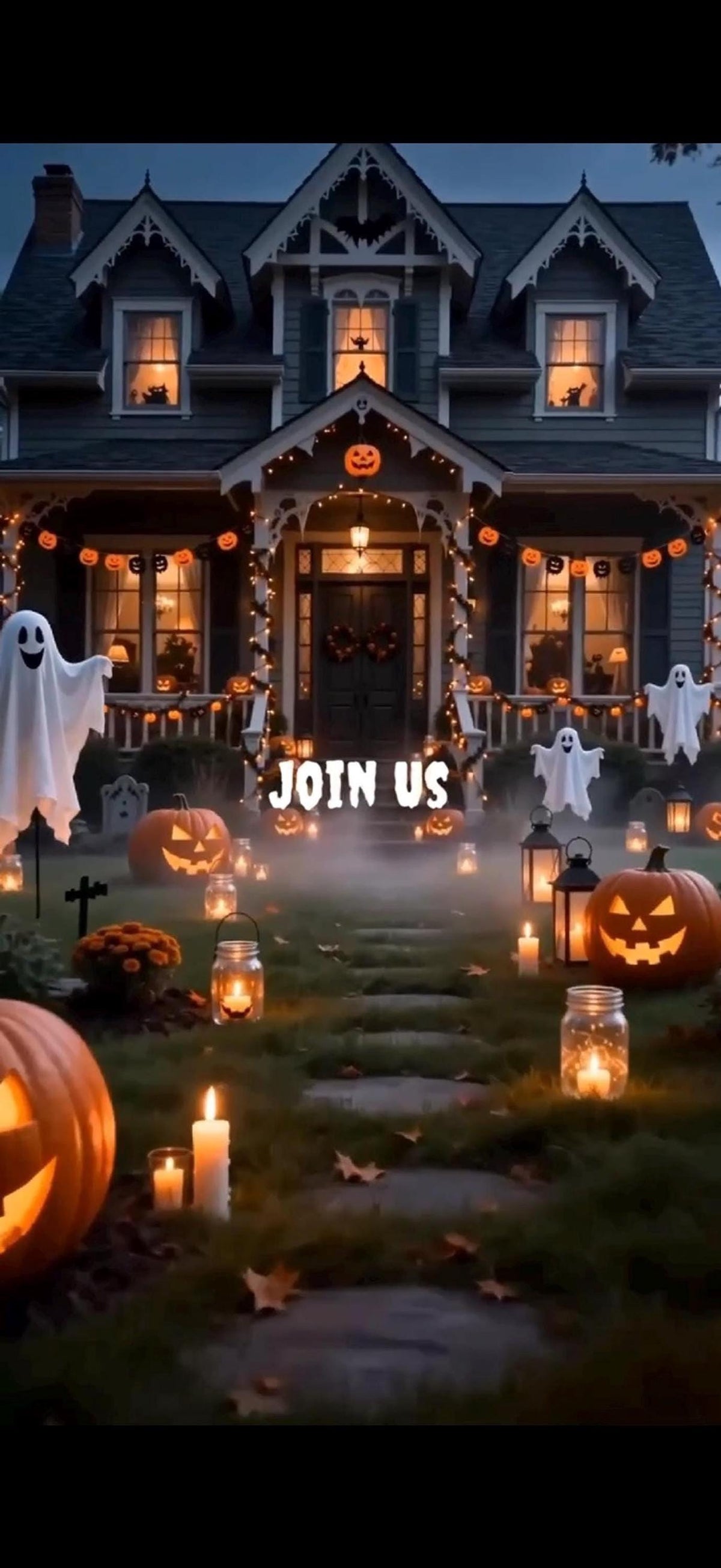 A dark, spooky house with glowing jack-o'-lanterns, string lights, and white ghosts on the lawn, with the text "JOIN US" in the center.