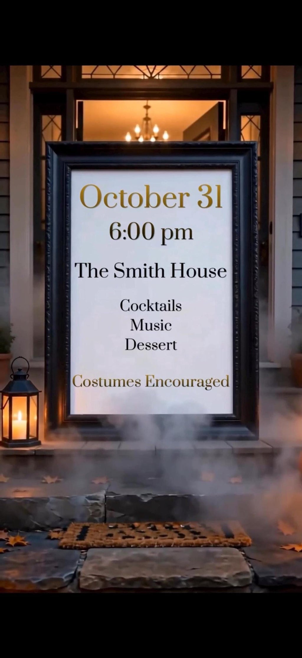 A black framed sign on a porch with glowing jack-o'-lanterns and candles, displaying event details for "October 31 The Smith House."