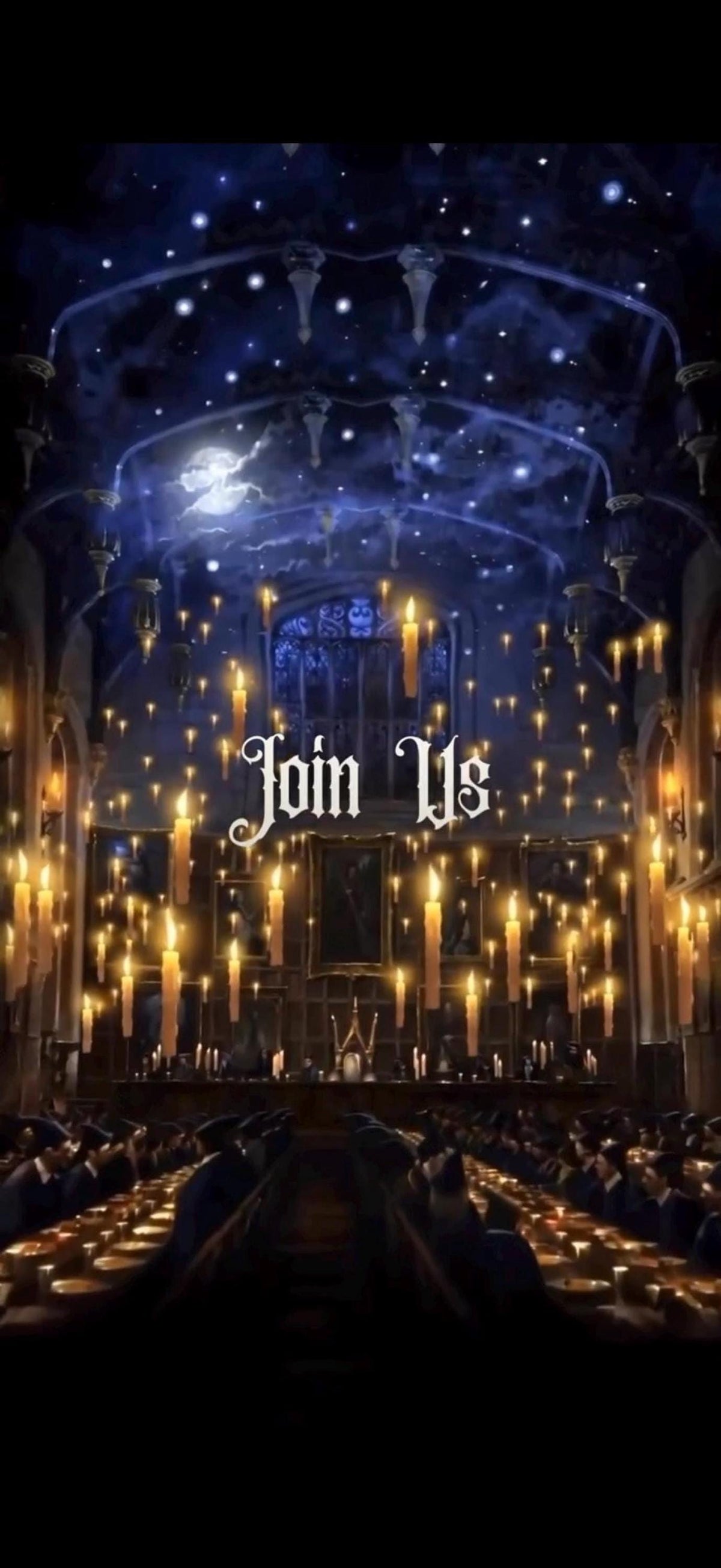 A dark, grand hall with a high, starry ceiling and hundreds of floating lit candles, with the words "Join Us" in white script.