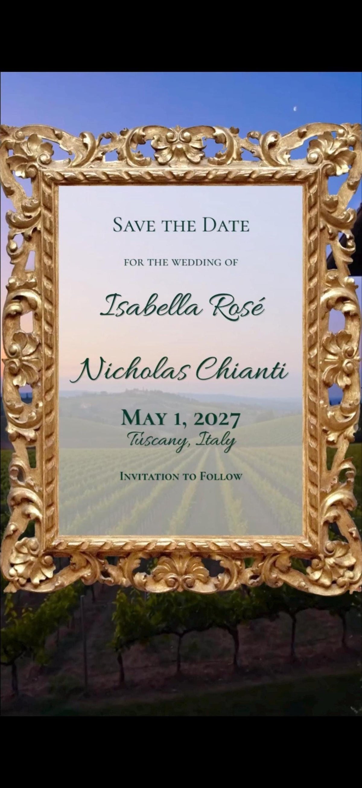 A golden ornate frame displays "Save the Date" text with wedding details against a vineyard background.