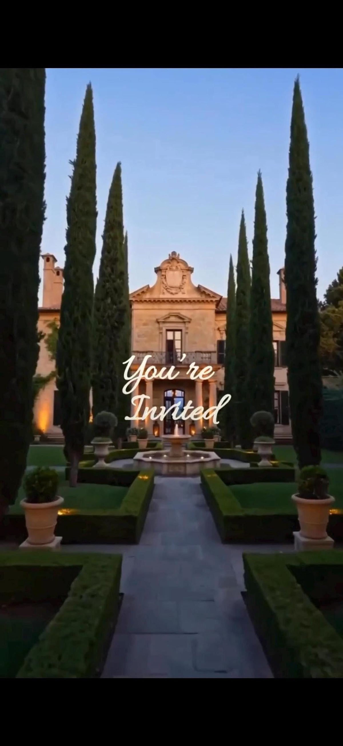 A manicured garden path lined with cypress trees leads to a large villa, with "You're Invited" text overlaid.