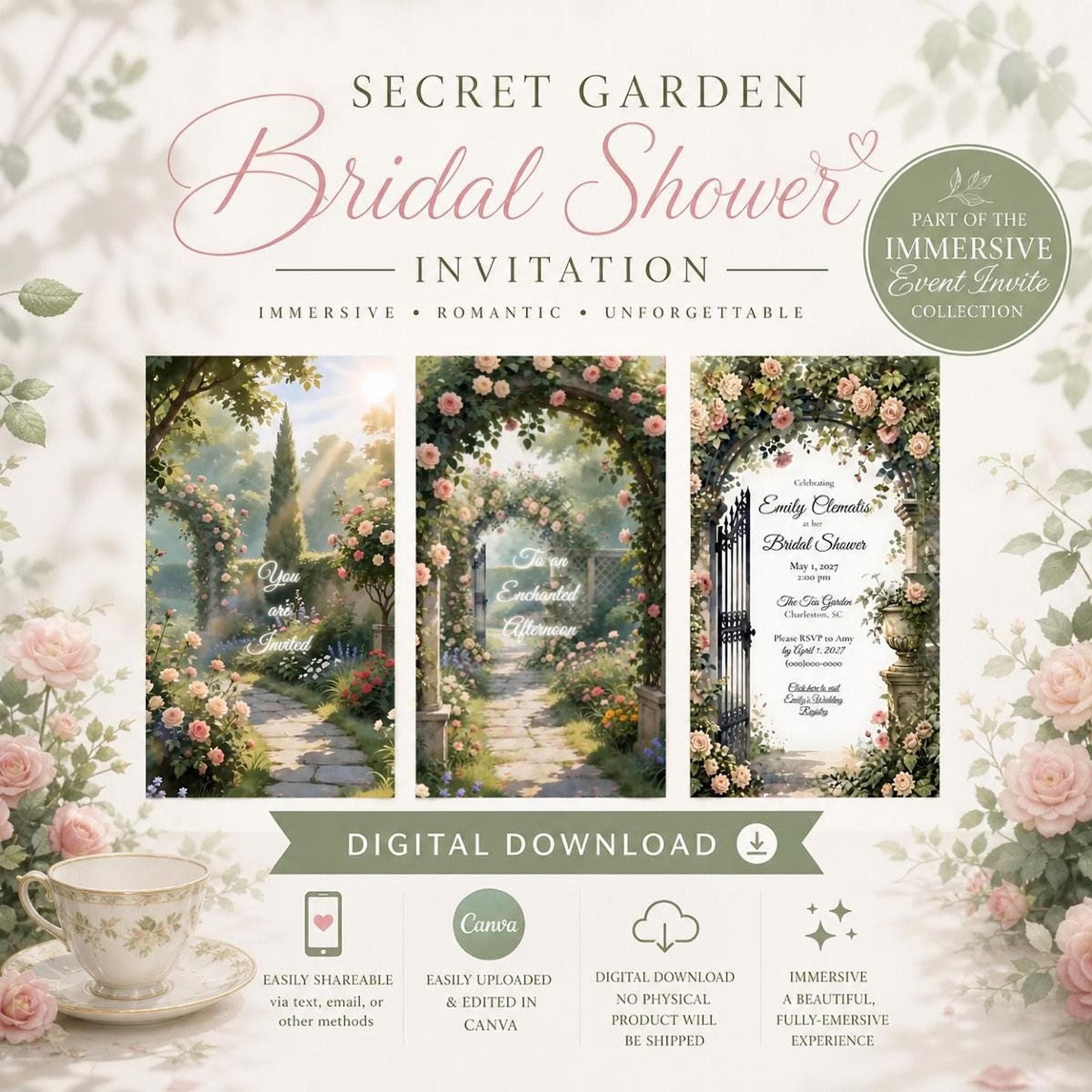 A collage of three garden path scenes, each with text, and a teacup with flowers in the foreground, all on a light background with text overlay.