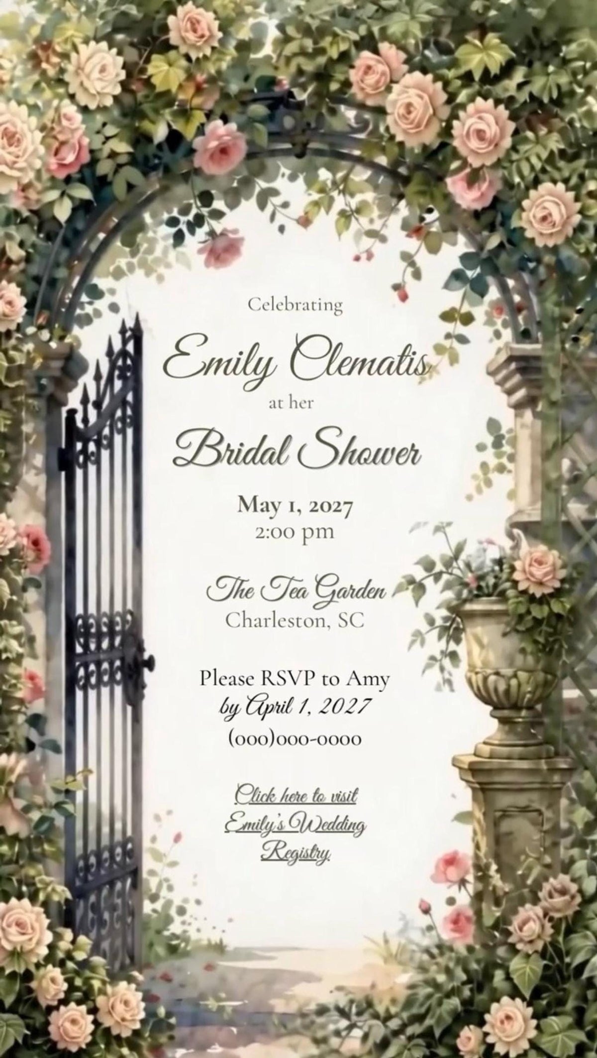 A garden scene with a black wrought iron gate and rose-covered archway, framing a bridal shower invitation with event details.
