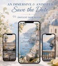 Three smartphones display animated save-the-date cards with an Amalfi Coast scene, surrounded by lemons, flowers, and text describing the product.