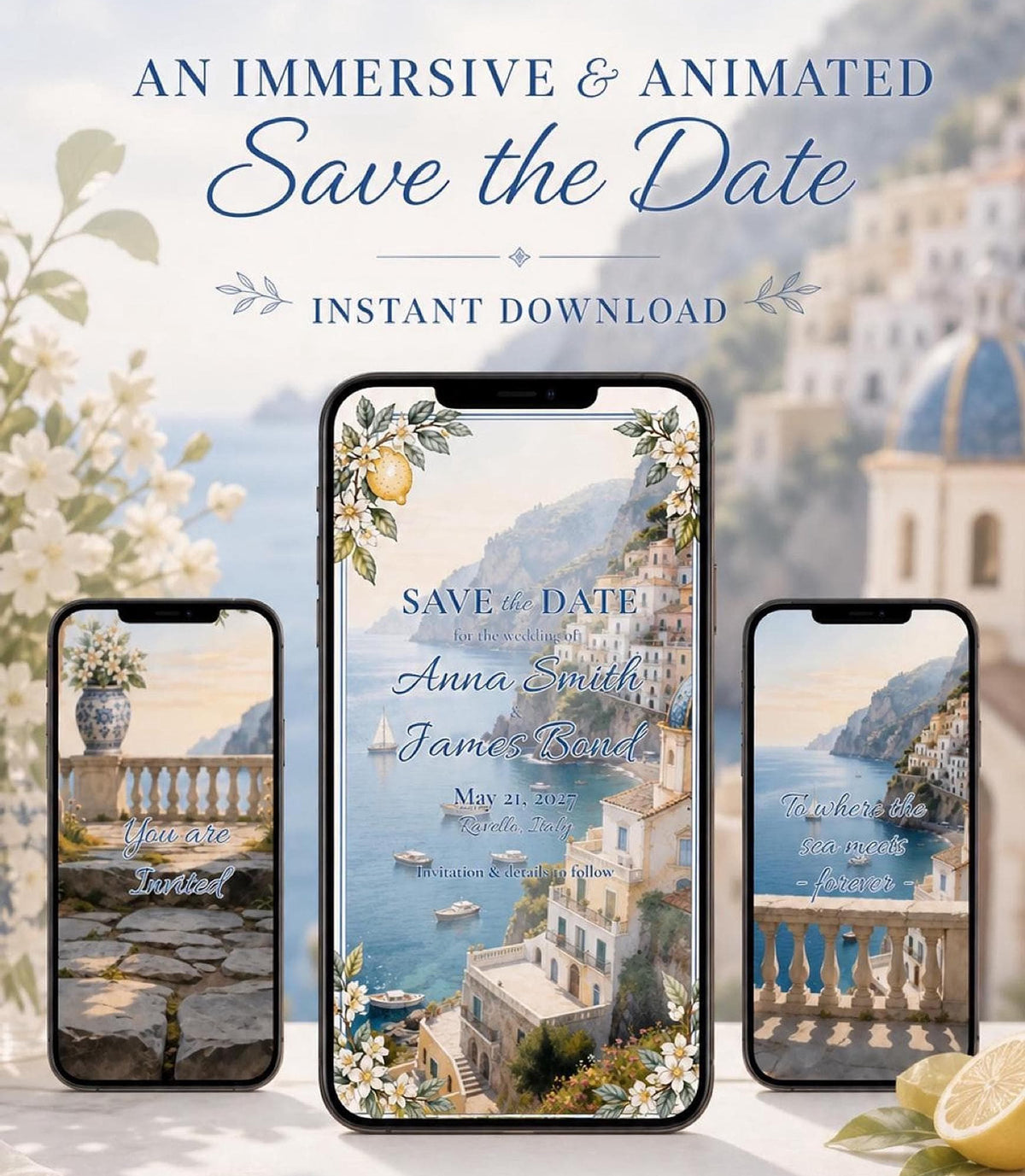 Three smartphones display animated save-the-date cards with an Amalfi Coast scene, surrounded by lemons, flowers, and text describing the product.