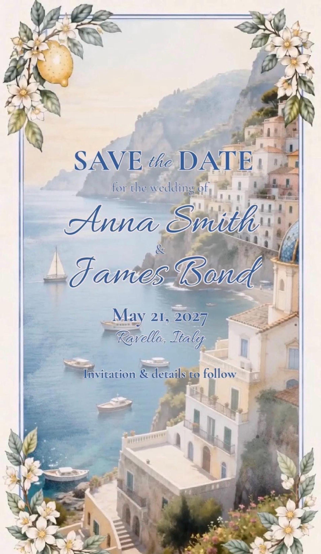 A save-the-date card with a watercolor illustration of the Amalfi Coast, featuring white buildings, boats in blue water, and text for a wedding.