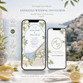 Two smartphones display digital wedding invitations with lemon and coastal Italian town illustrations, surrounded by fresh lemons and green leaves.