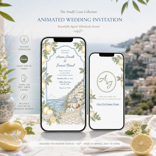 Two smartphones display digital wedding invitations with lemon and coastal Italian town illustrations, surrounded by fresh lemons and green leaves.