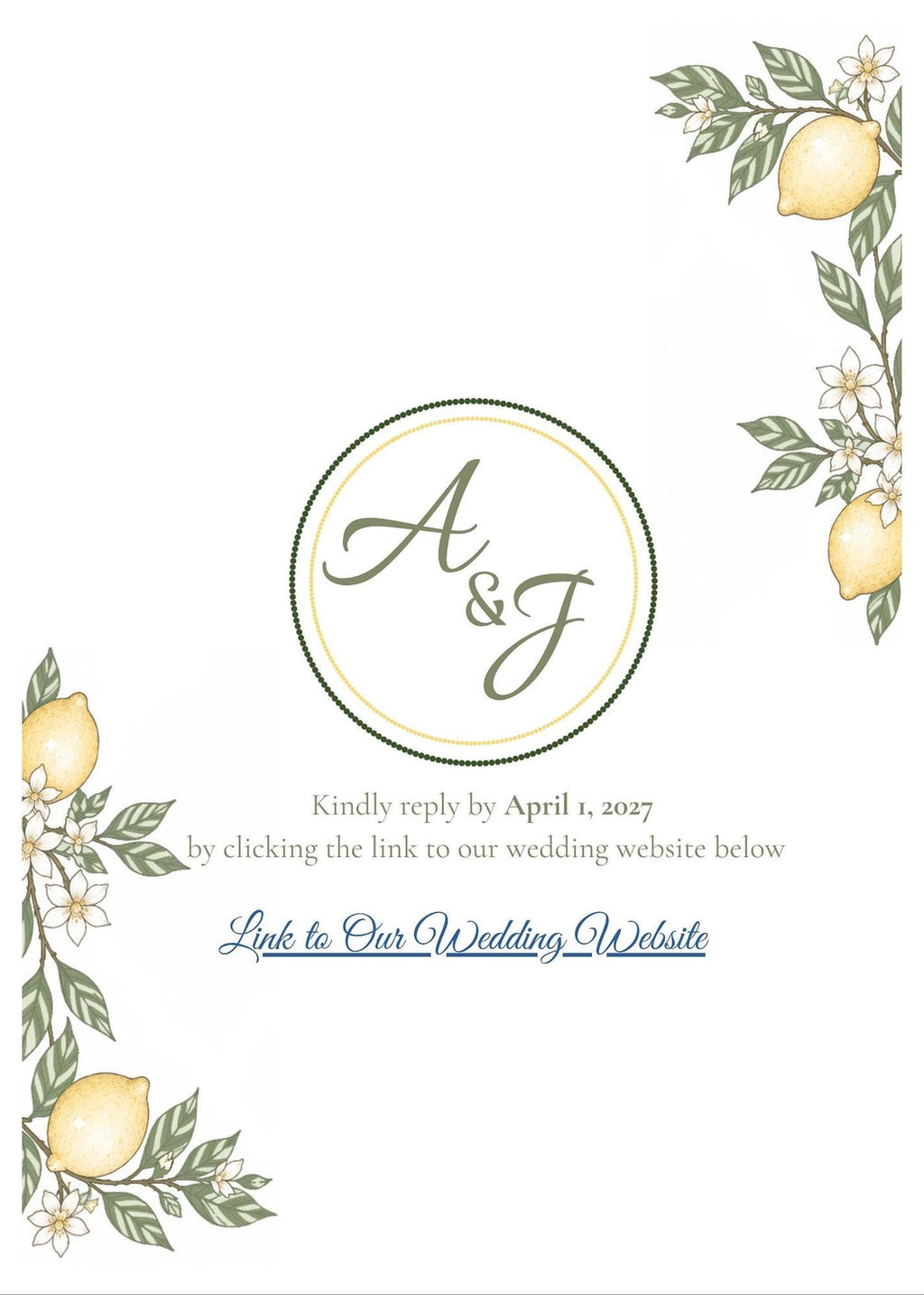A digital wedding invitation RSVP card shows a green and gold monogram of 'A & J' with lemon and blossom illustrations in the corners.