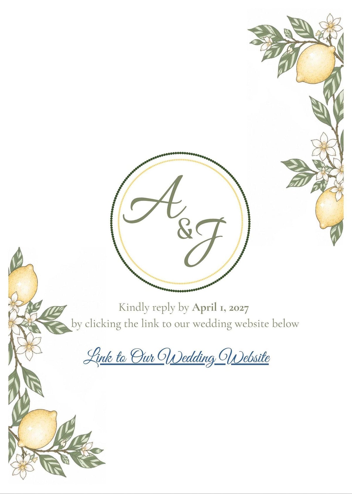 A digital wedding invitation RSVP card shows a green and gold monogram of 'A & J' with lemon and blossom illustrations in the corners.