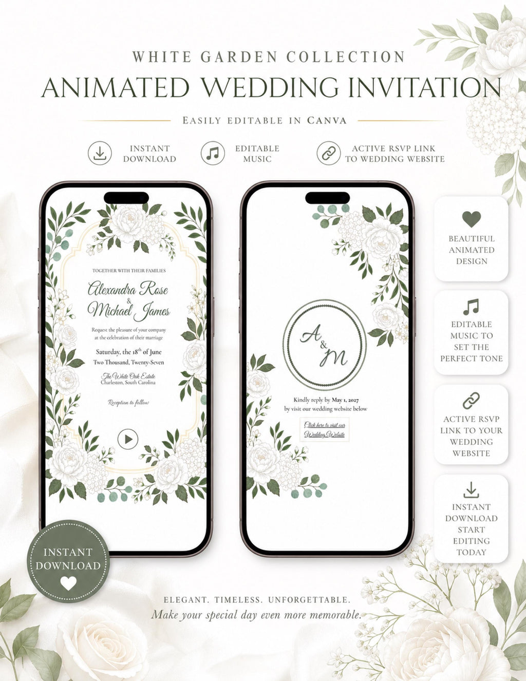 Two smartphones display digital wedding invitations with white floral borders, green leaves, and text, with additional text and icons around them.