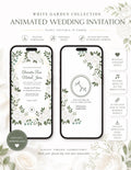 Two smartphones display digital wedding invitations with white floral borders, green leaves, and text, with additional text and icons around them.