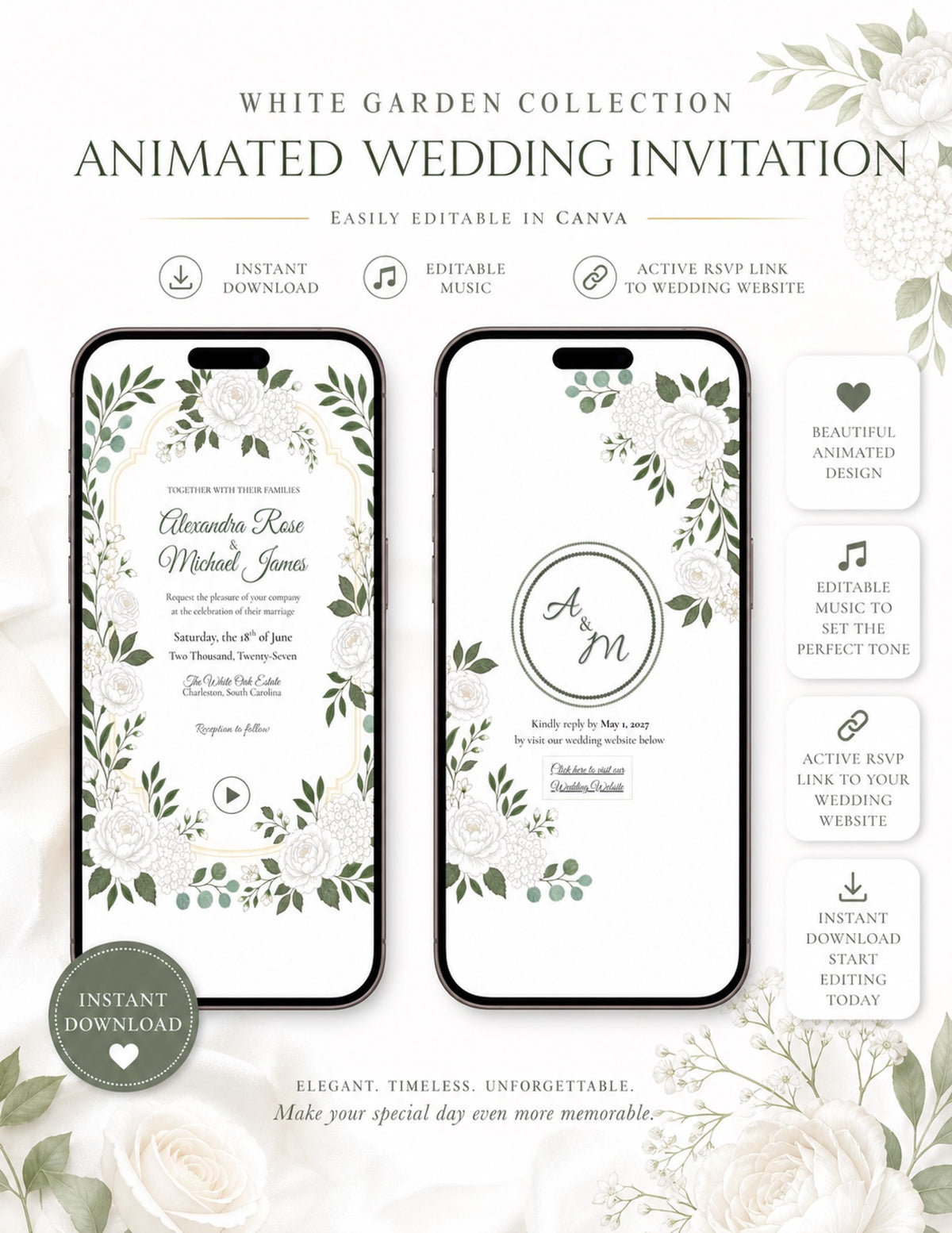 Two smartphones display digital wedding invitations with white floral borders, green leaves, and text, with additional text and icons around them.