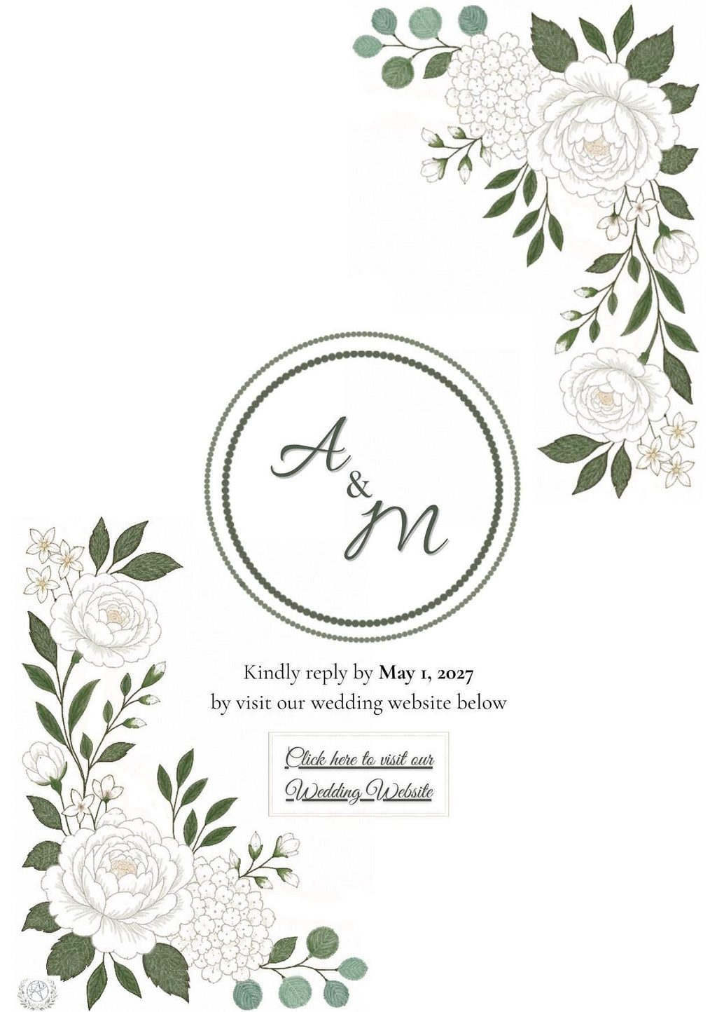 A white digital wedding invitation with a circular green border containing "A & M" and text below, framed by white roses, small white flowers, and green leaves.