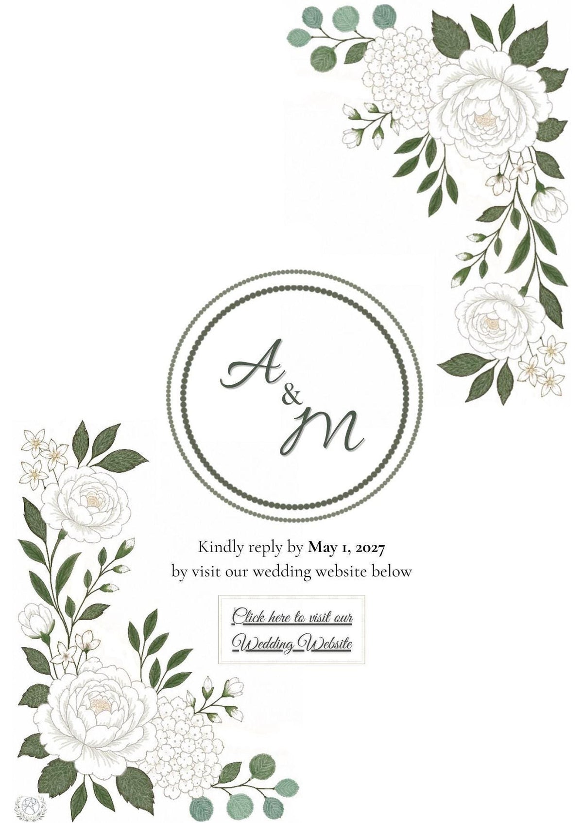 A white digital wedding invitation with a circular green border containing "A & M" and text below, framed by white roses, small white flowers, and green leaves.