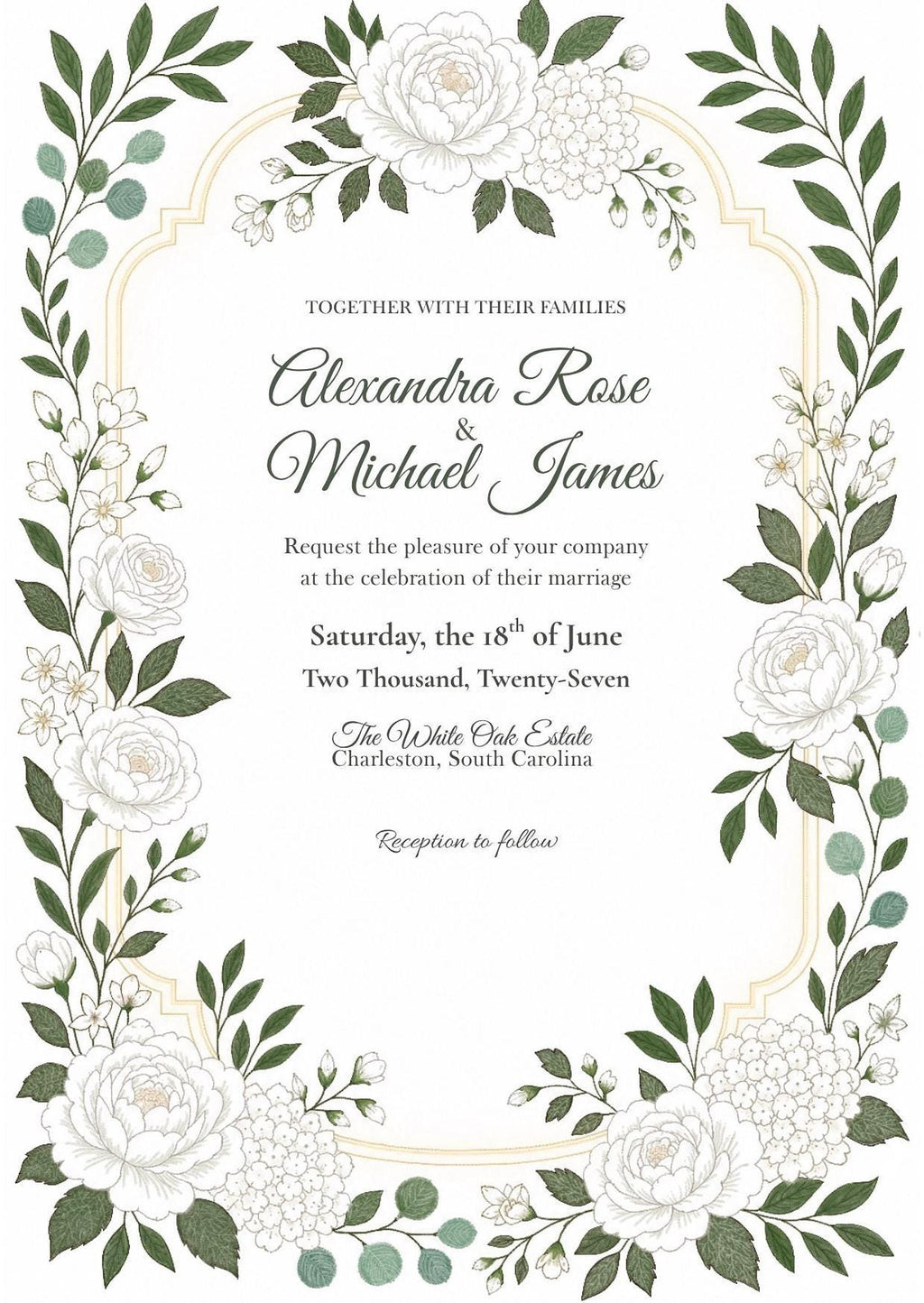 A white wedding invitation with a gold-outlined frame, surrounded by white roses, small white flowers, and green leaves, with black text in the center.