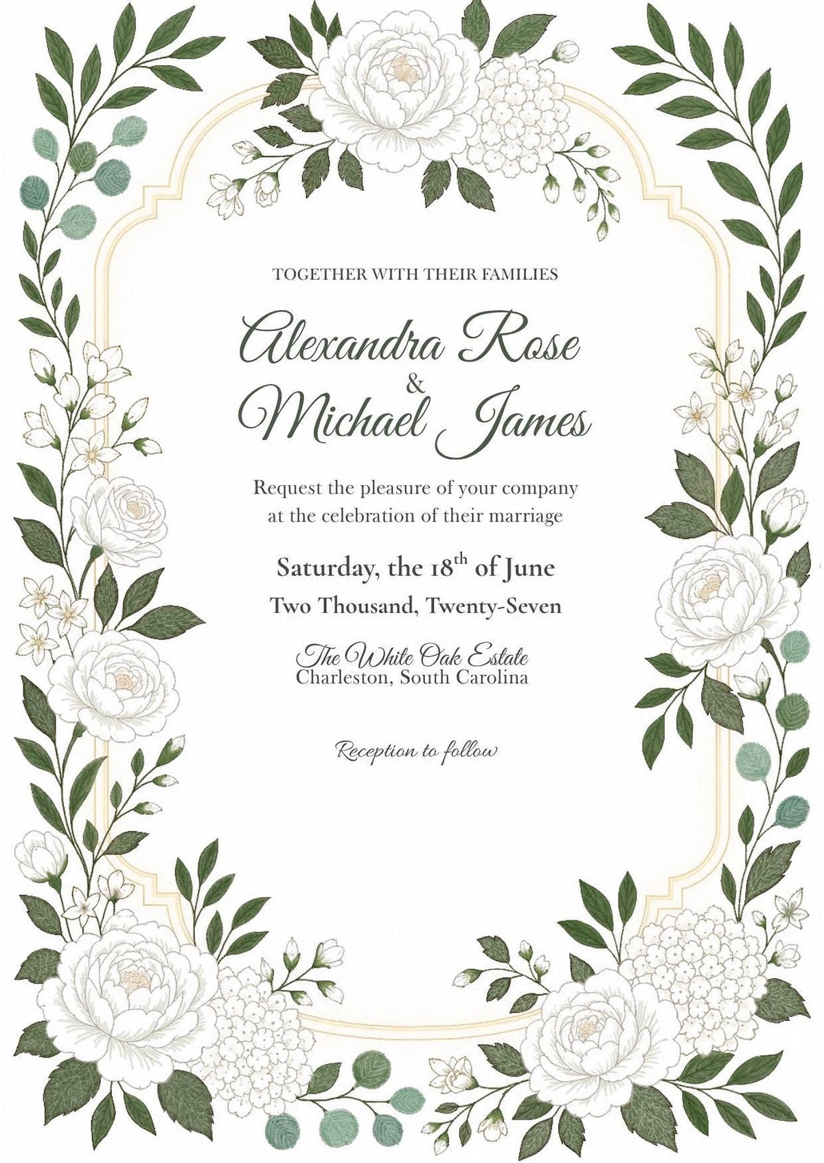 A white wedding invitation with a gold-outlined frame, surrounded by white roses, small white flowers, and green leaves, with black text in the center.