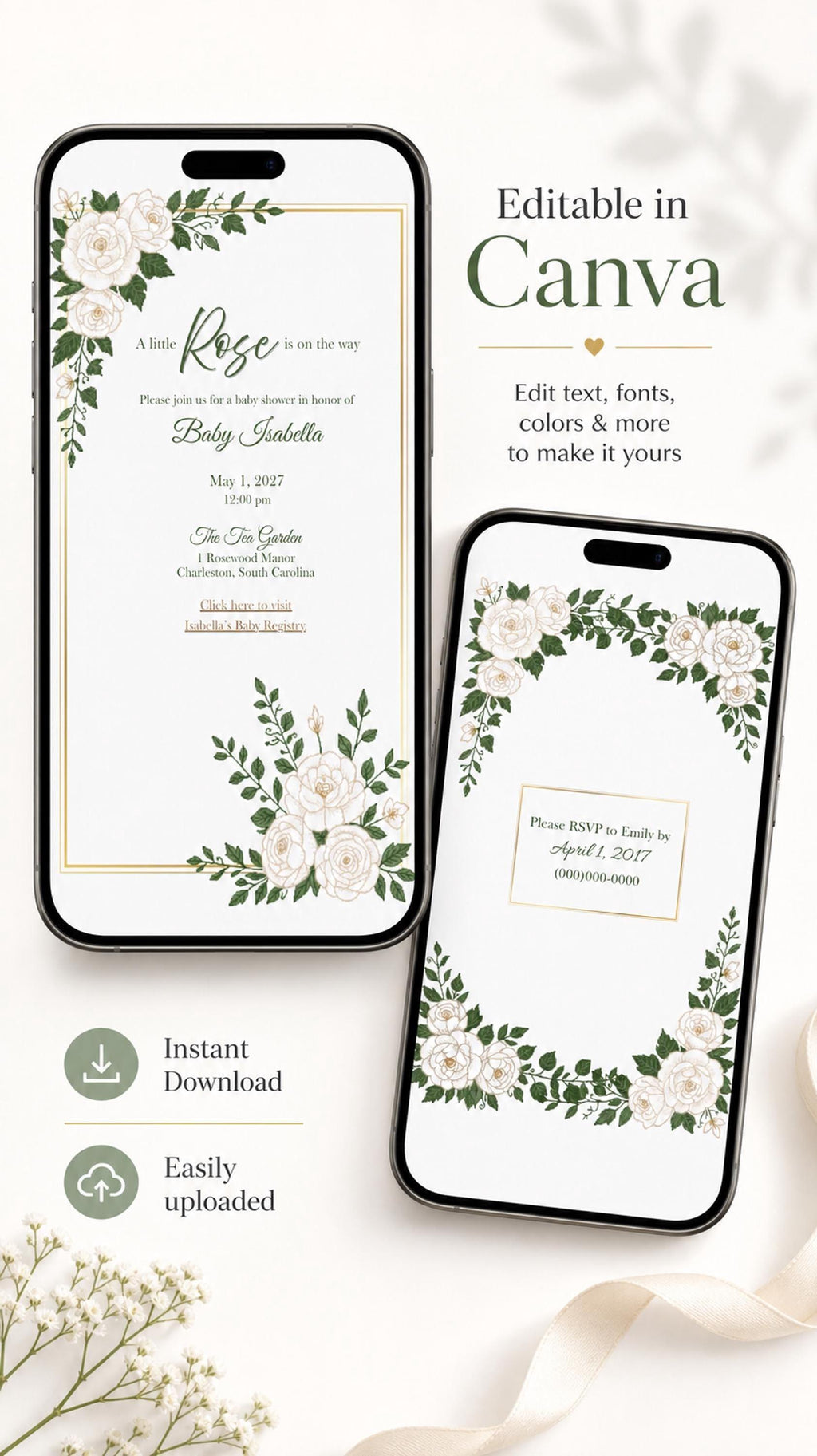 Two smartphones display a digital baby shower invitation with white roses and green leaves, one showing the full invitation text and the other showing the RSVP section.