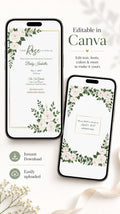 Two smartphones display a digital baby shower invitation with white roses and green leaves, one showing the full invitation text and the other showing the RSVP section.
