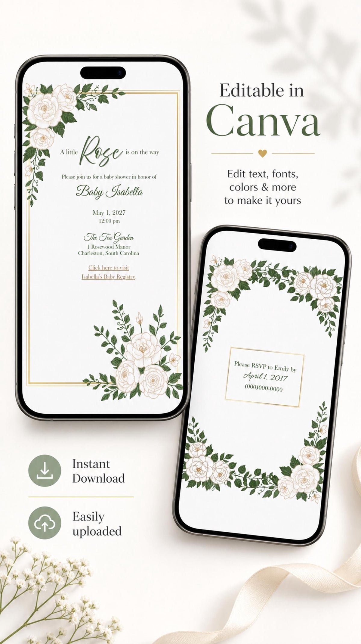 Two smartphones display a digital baby shower invitation with white roses and green leaves, one showing the full invitation text and the other showing the RSVP section.