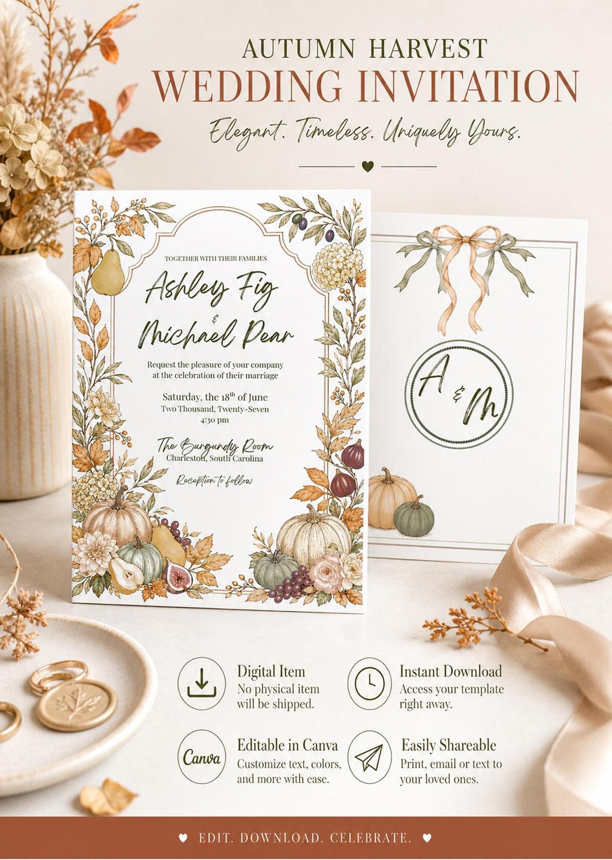 A wedding invitation with a watercolor border of pumpkins, pears, and leaves, next to a smaller RSVP card with a similar design and the letters A & M.