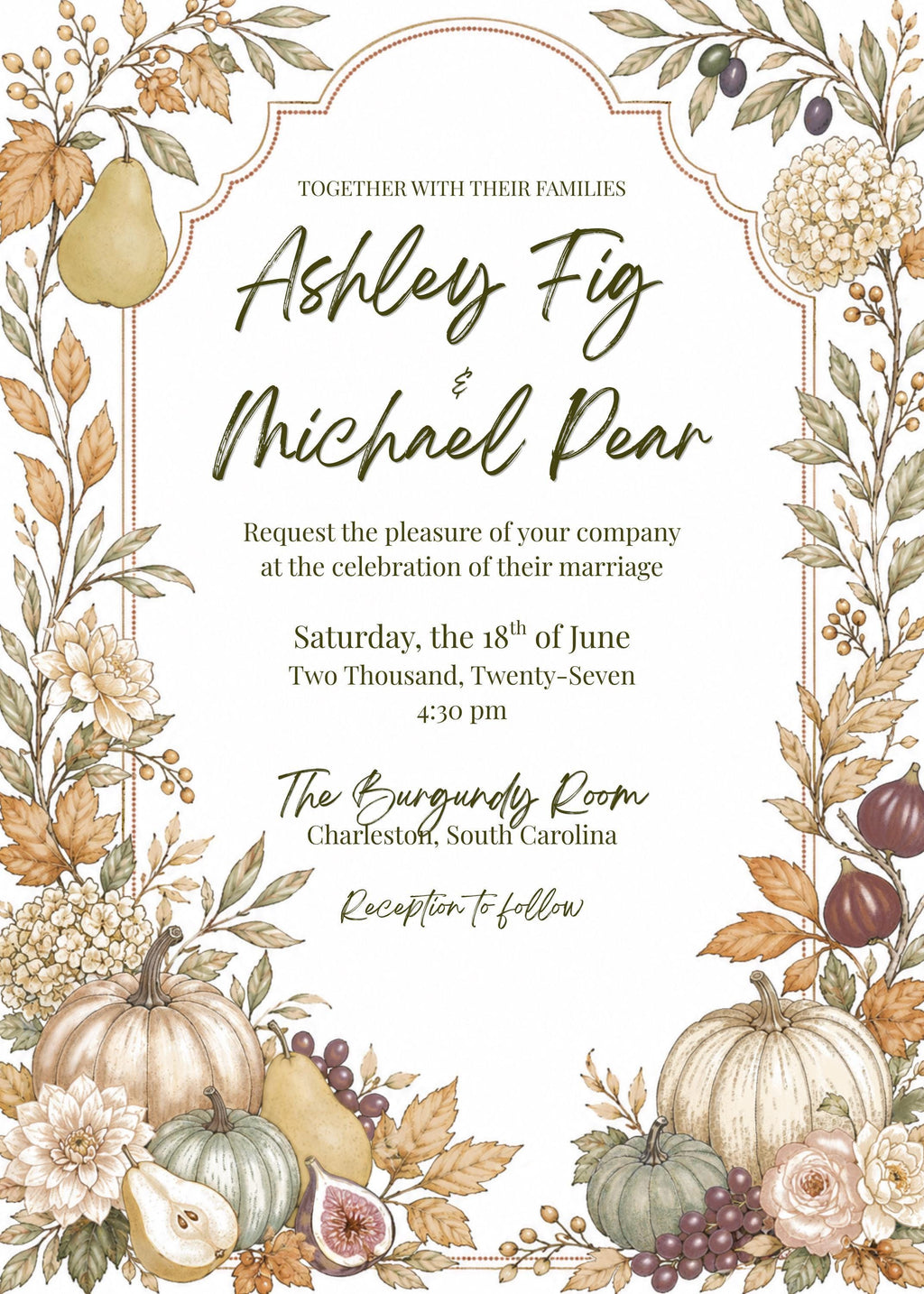 A wedding invitation with a watercolor border of pumpkins, pears, figs, and leaves, featuring text for the wedding details.