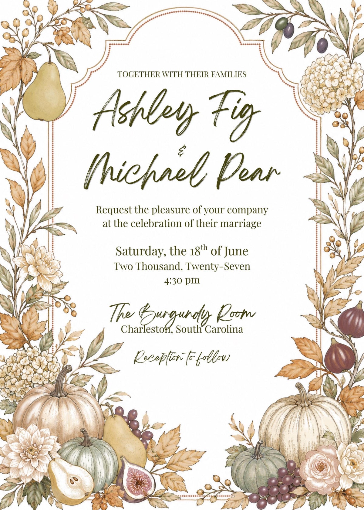 A wedding invitation with a watercolor border of pumpkins, pears, figs, and leaves, featuring text for the wedding details.