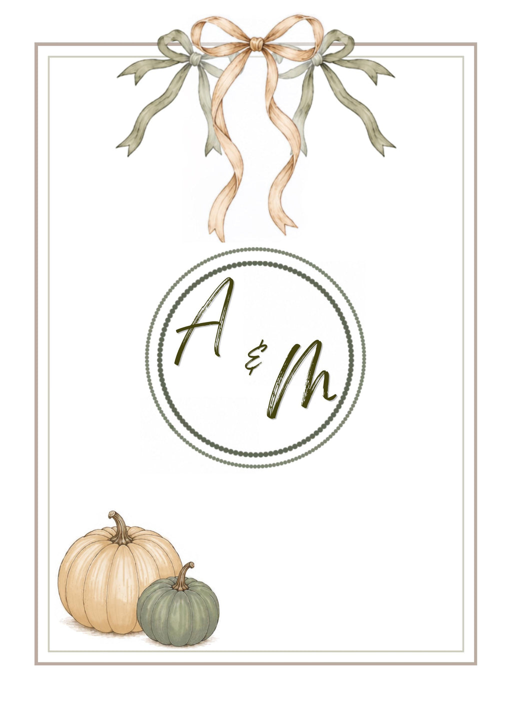 A wedding invitation RSVP card with two watercolor pumpkins at the bottom, a circular monogram of A & M, and two bows at the top.