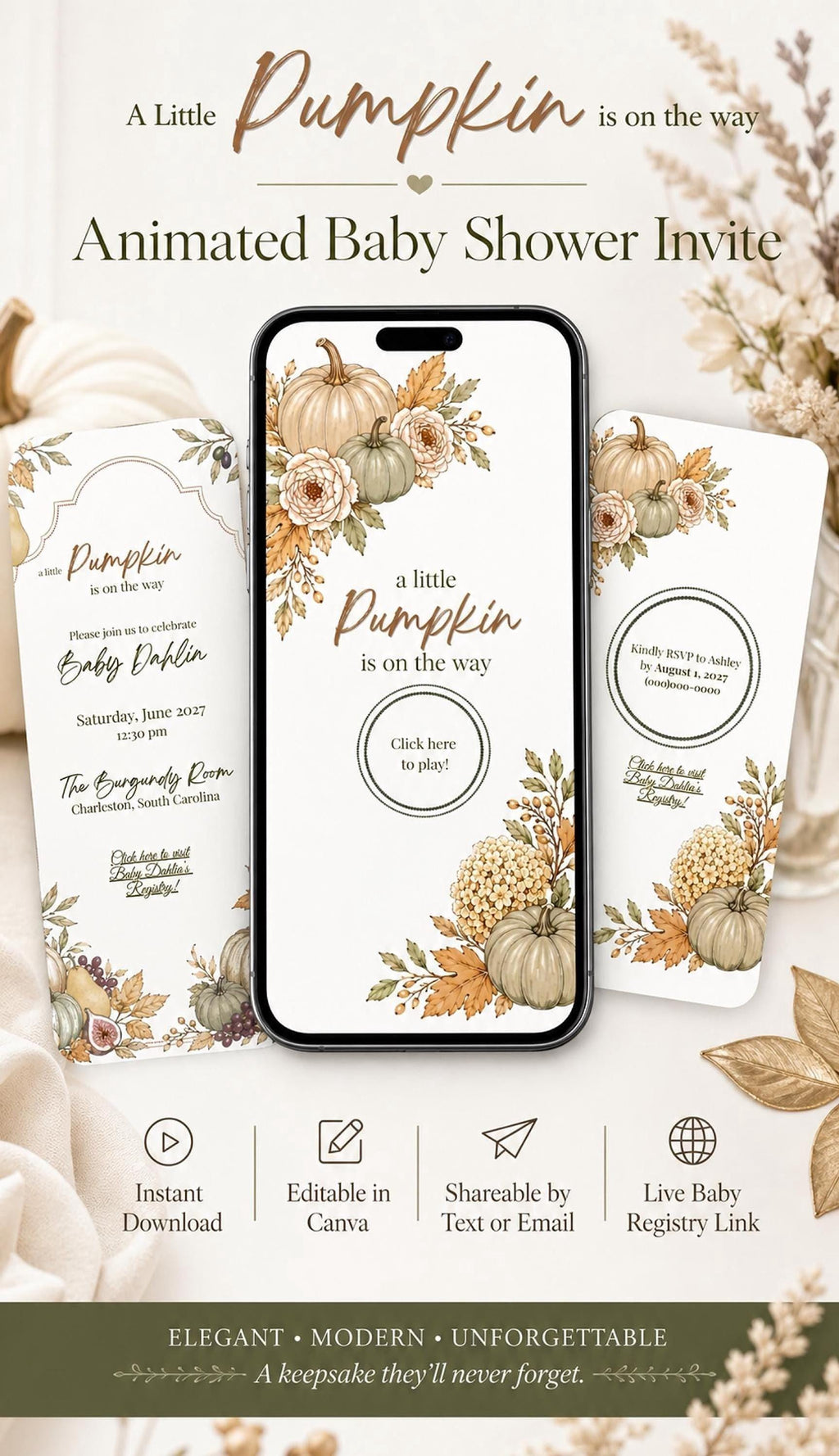 A smartphone displays an animated baby shower invitation with pumpkins and autumn leaves, flanked by a printed invitation and RSVP card.