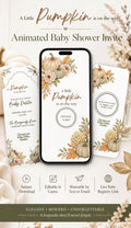 A smartphone displays an animated baby shower invitation with pumpkins and autumn leaves, flanked by a printed invitation and RSVP card.