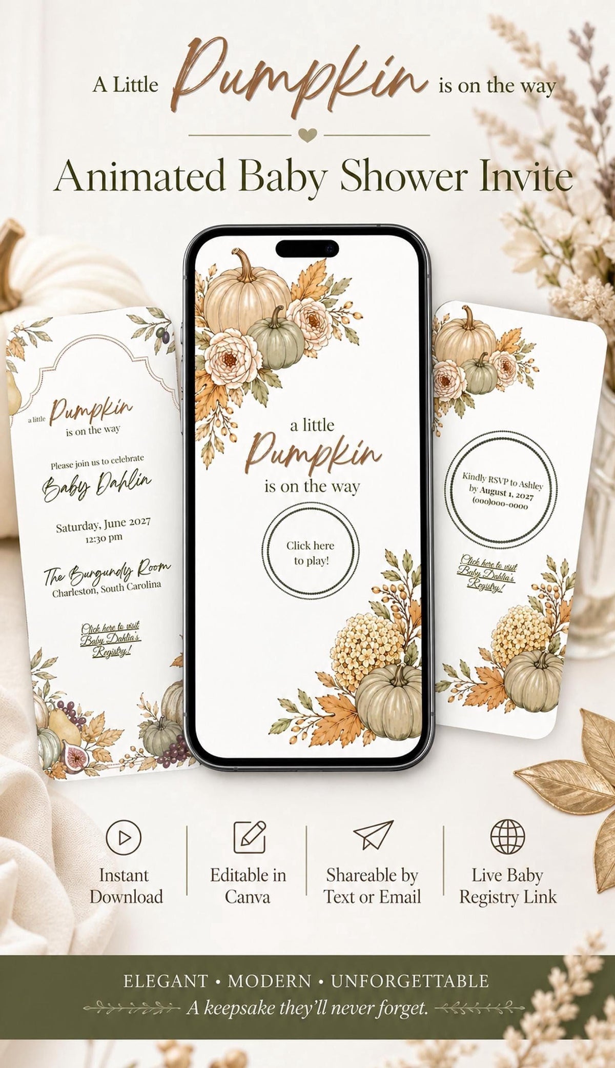 A smartphone displays an animated baby shower invitation with pumpkins and autumn leaves, flanked by a printed invitation and RSVP card.